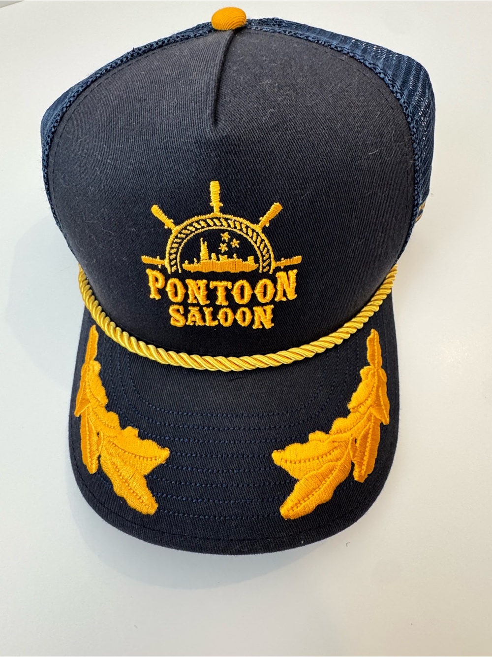 Pontoon Saloon Embroidered Trucker Hat - Navy & Gold